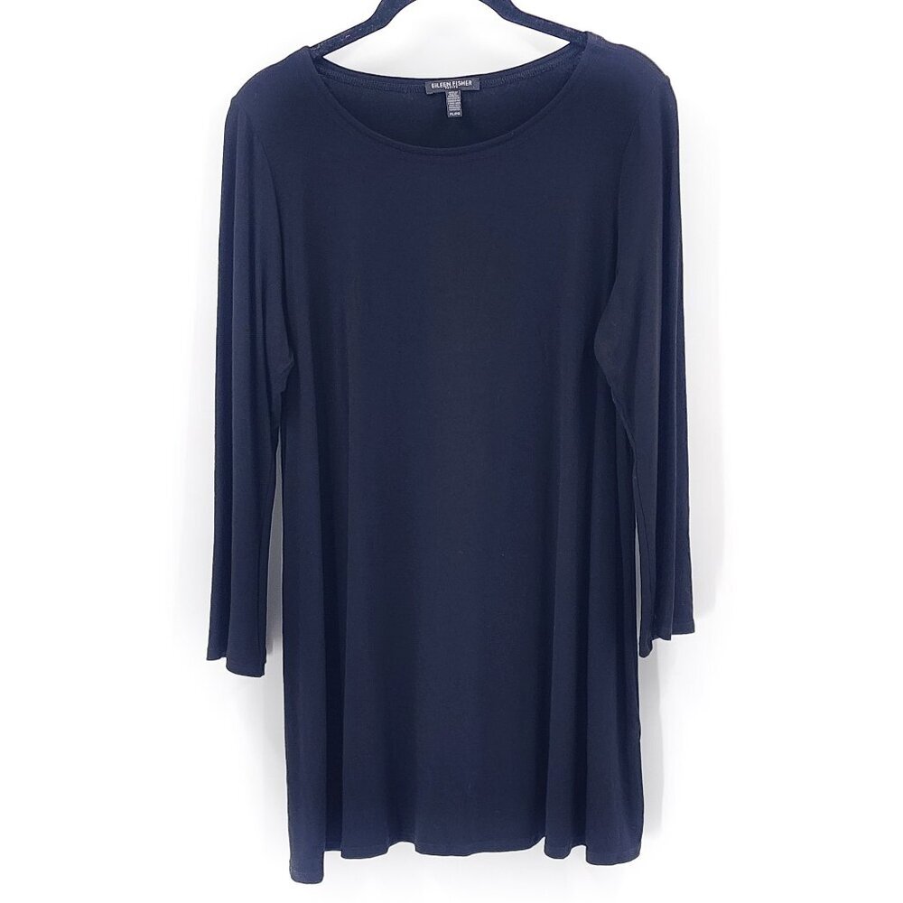 EILEEN‎ FISHER Stretch Jersey Crew Neck 3/4 Bell Sleeve Tunic Top Black